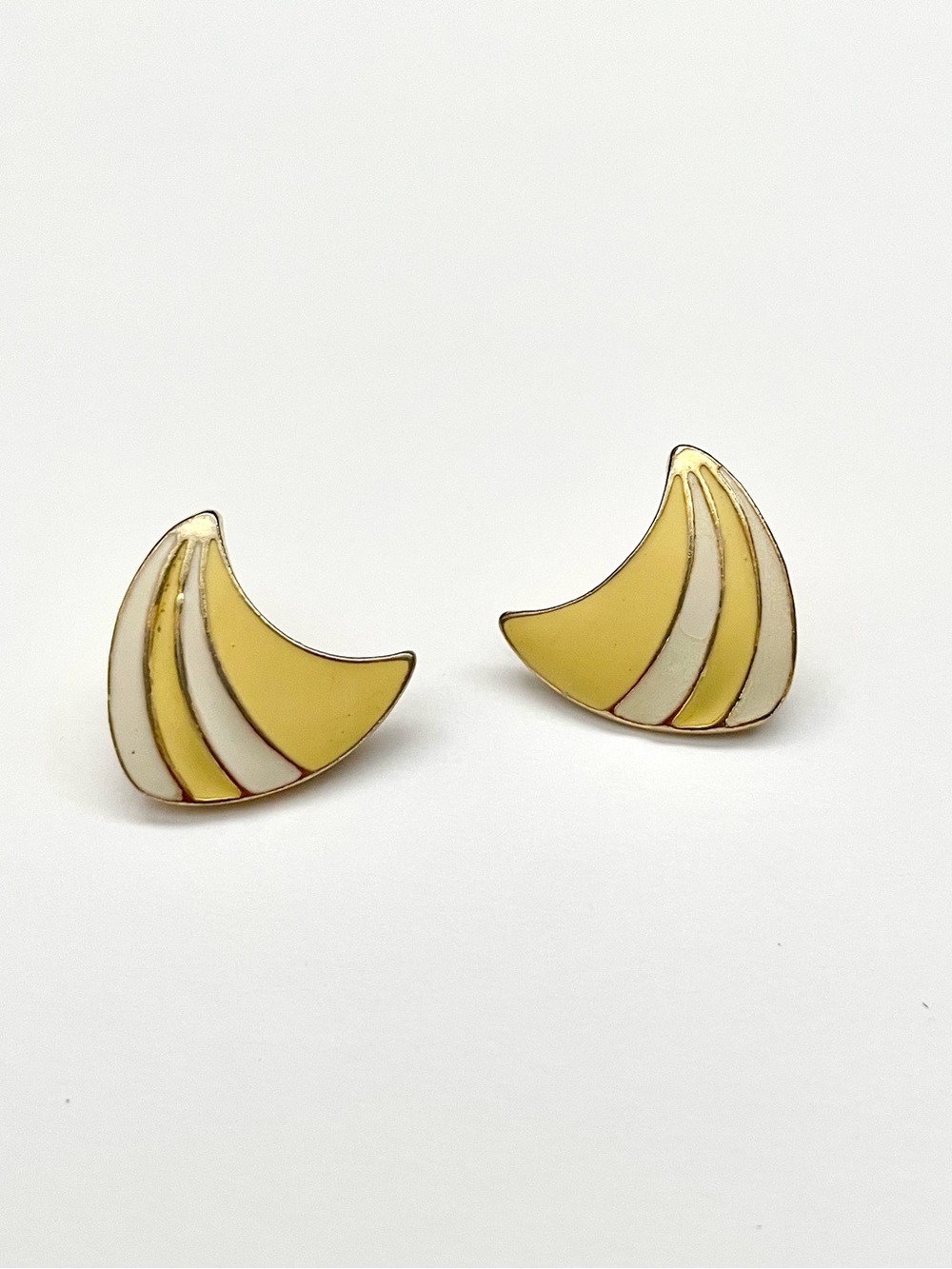 Vintage Yellow and Cream Crescent Enamel Stud Earrings